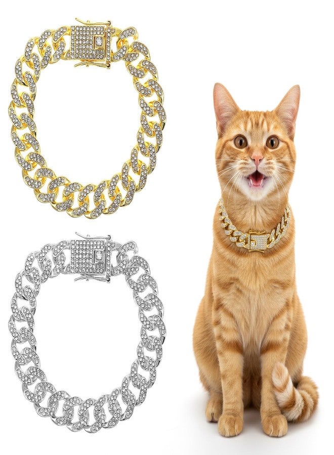 Matwsec 2PCS Gold Cat Chain Collar 8 Inch Diamond Dog Chain Collars Cuban Link Dog Collar for Cats Dogs Kittens Puppies Pets Metal Jewelry Accessories - Image 1